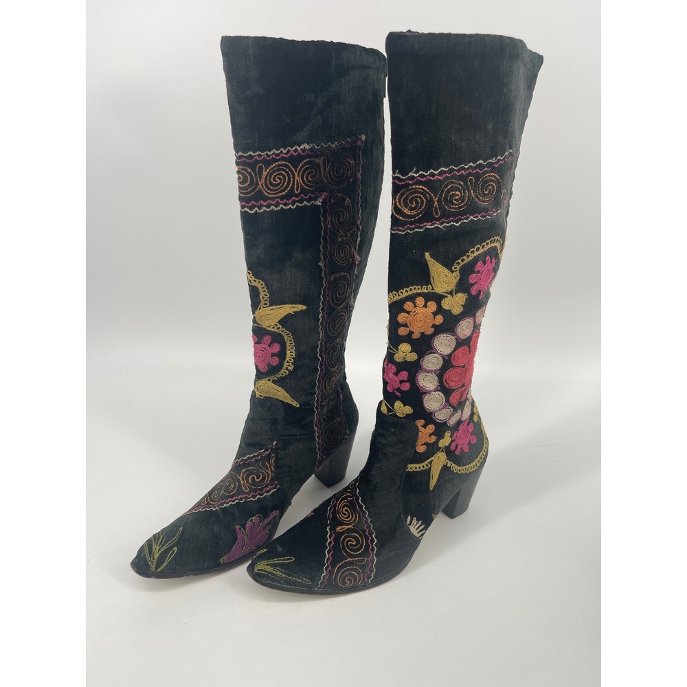 Black Velvet Embroidered Knee High Boots Pointed Toe Block Heel Floral Boho 9